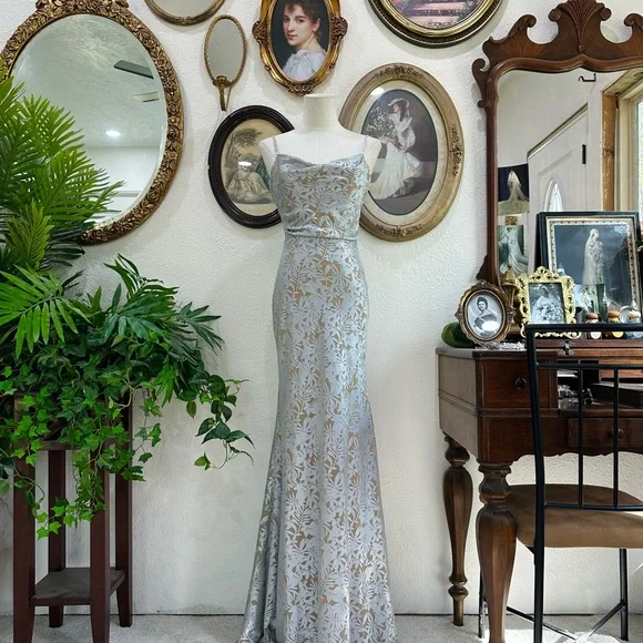 Jenny Yoo Silver-Blue Floral Maxi Gown - Picture 2 of 10